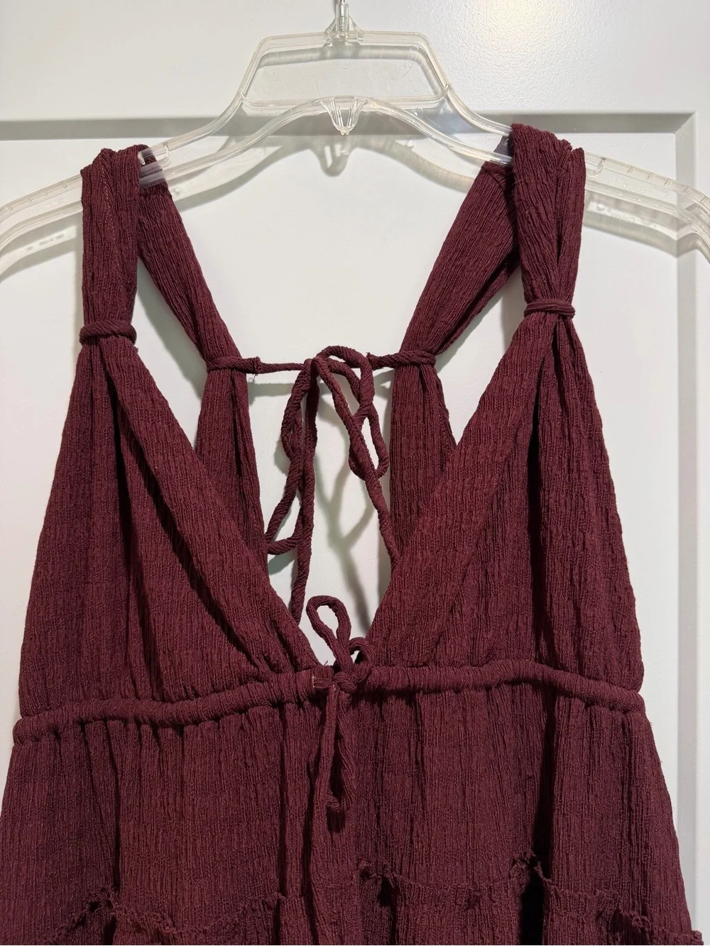 Free People Burgundy Tiered Maxi Dress with Lace-Up Back Size Medium